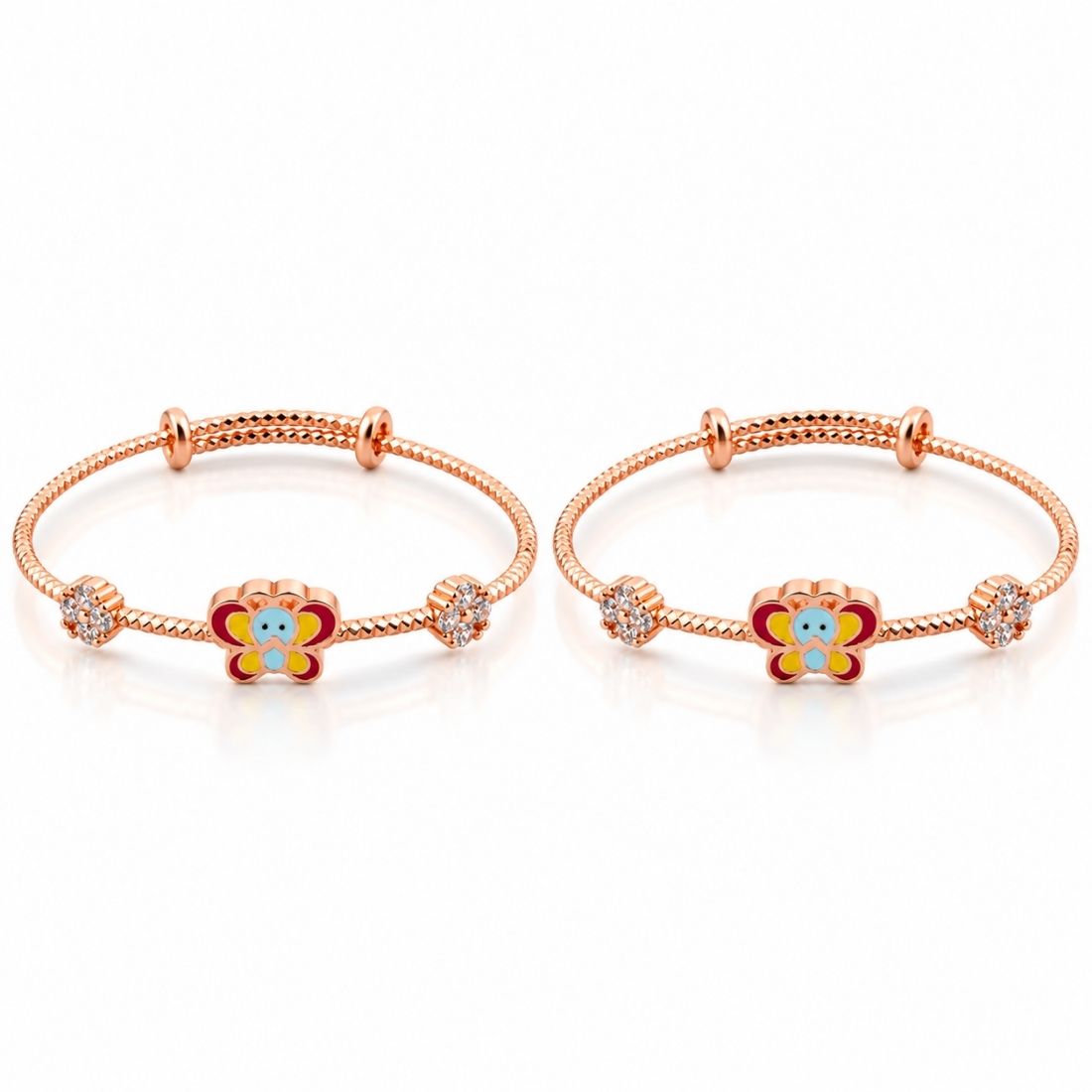 Fluttering Butterfly & Zircon Blossom 925 Sterling Silver Adjustable Kids Kadas (Rose Gold Finish)