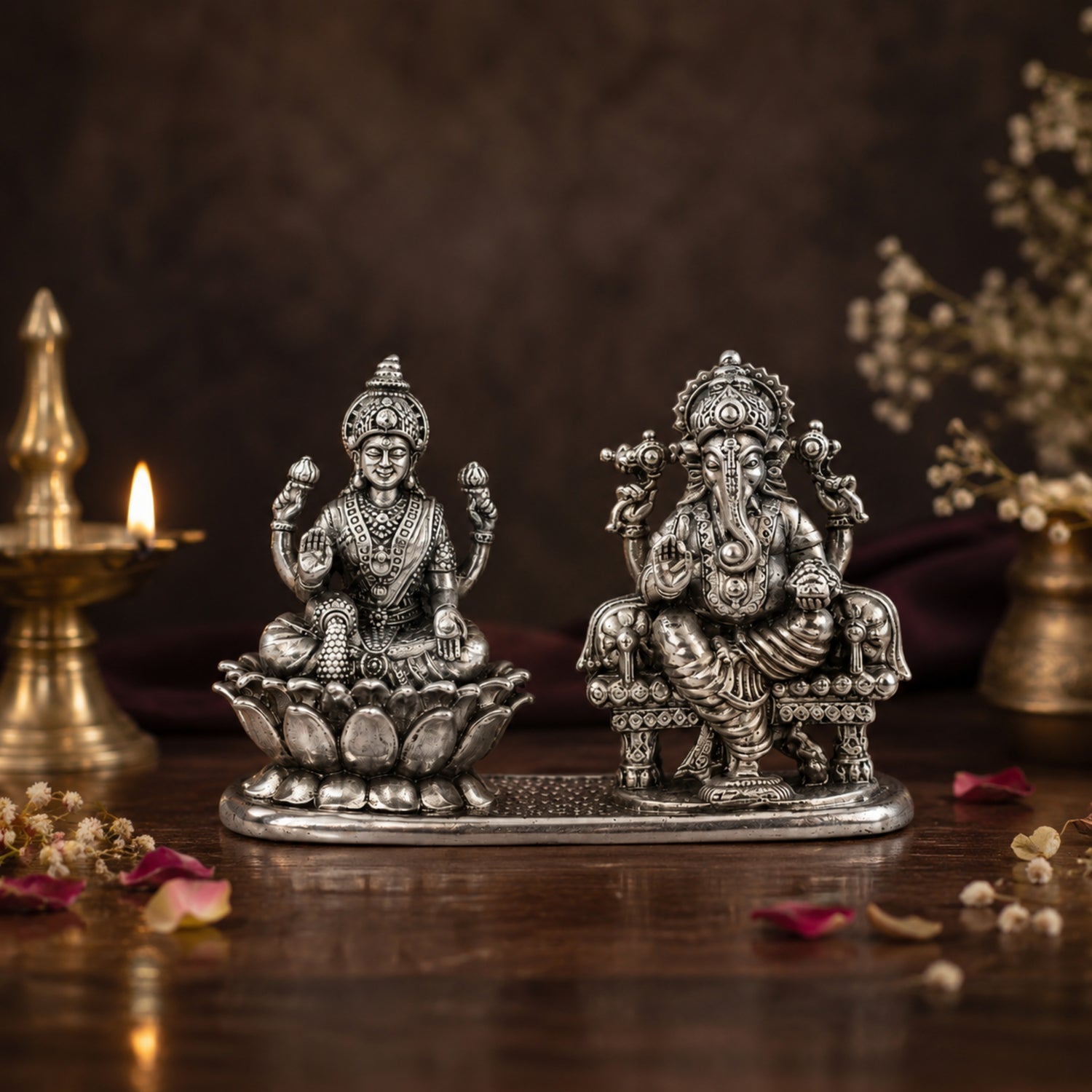 925 Pure Silver Antique Lakshmi Ganesha Dual Idol on Stand.