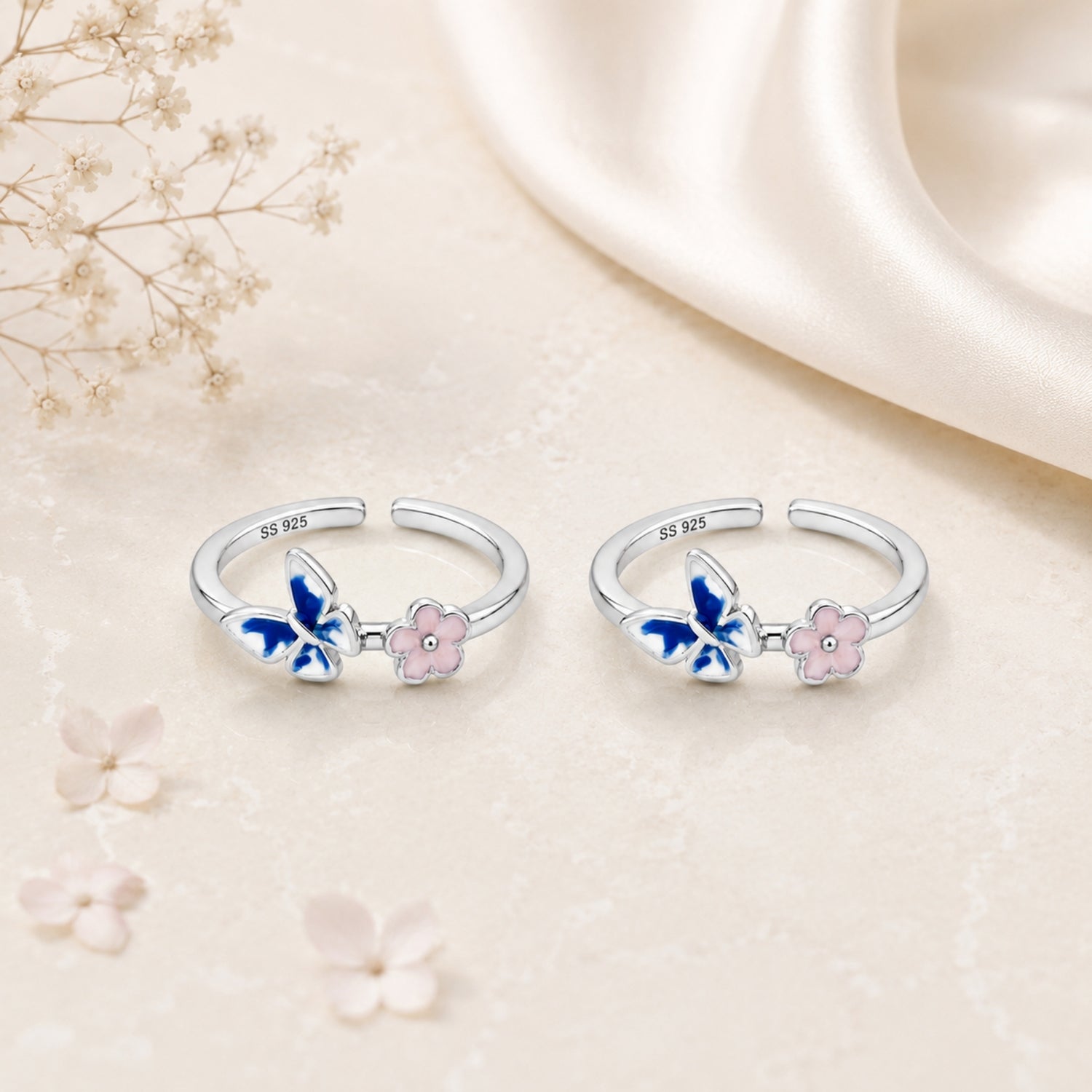 Enchanted Garden Butterfly & Cherry Blossom Adjustable 925 Silver Toe Rings