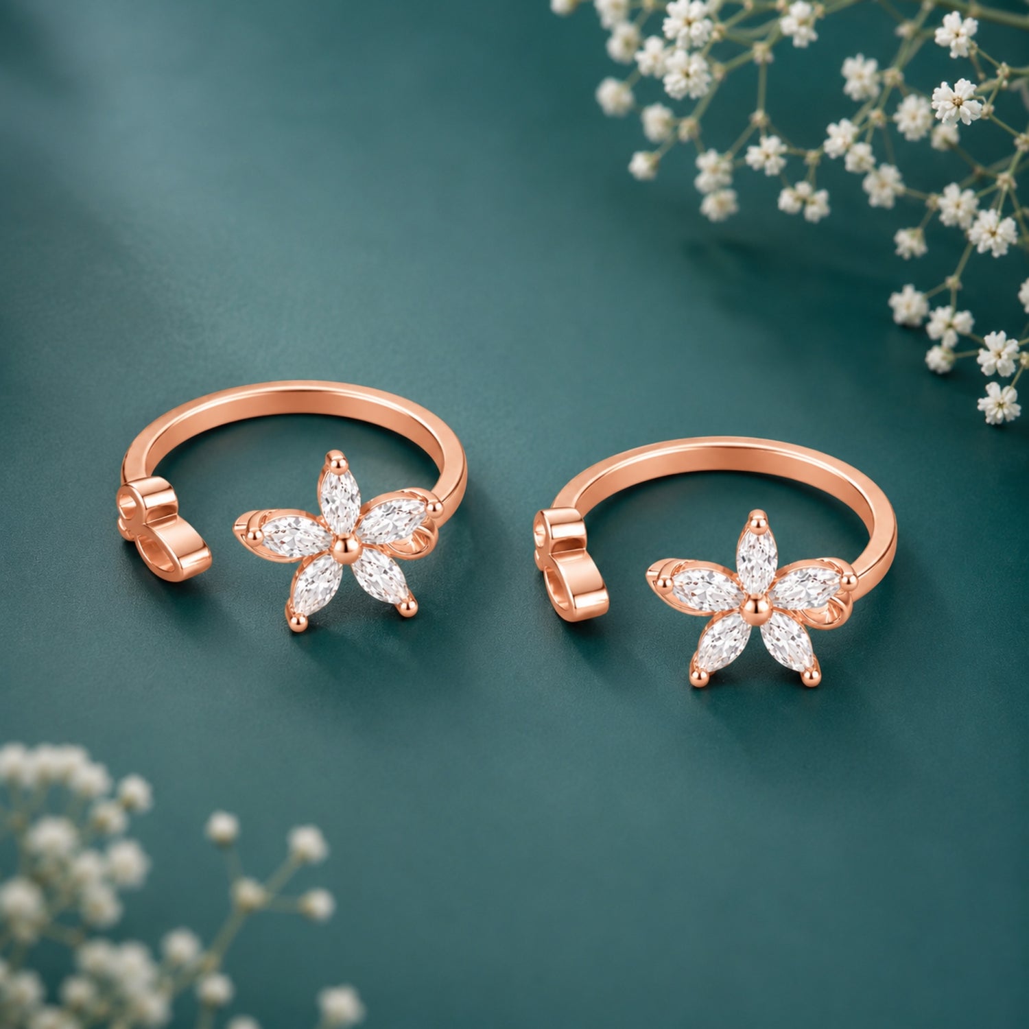 Marquise Jasmine Blossom Adjustable 925 Silver Rose Gold Toe Rings