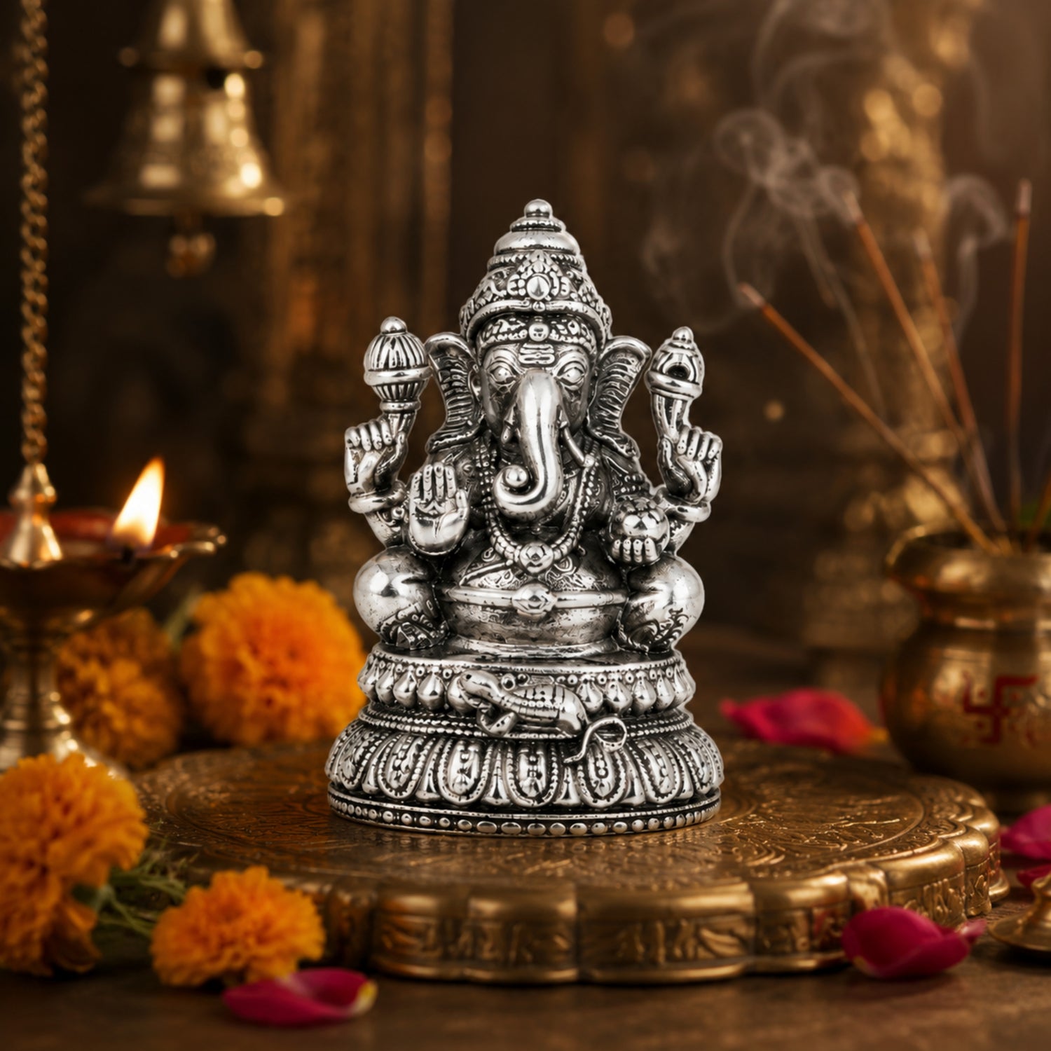 925 Pure Silver Antique Sitting Lord Ganesha Idol