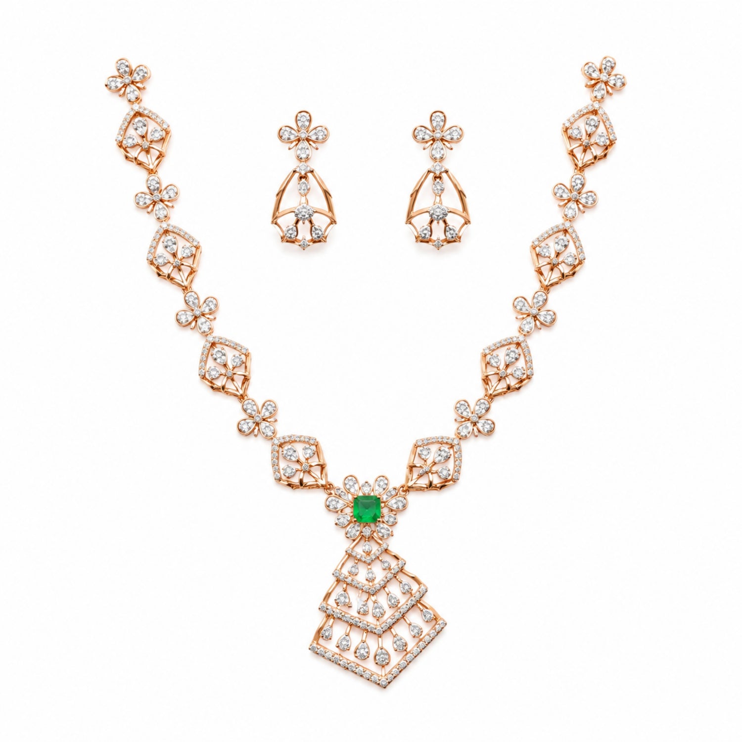 The Harini Marakata Shikhara Diamond-Finish 925 Silver Haram Set