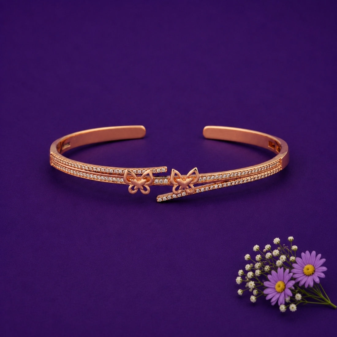 Rose Gold Pavé Twin Butterfly 925 Silver Kada
