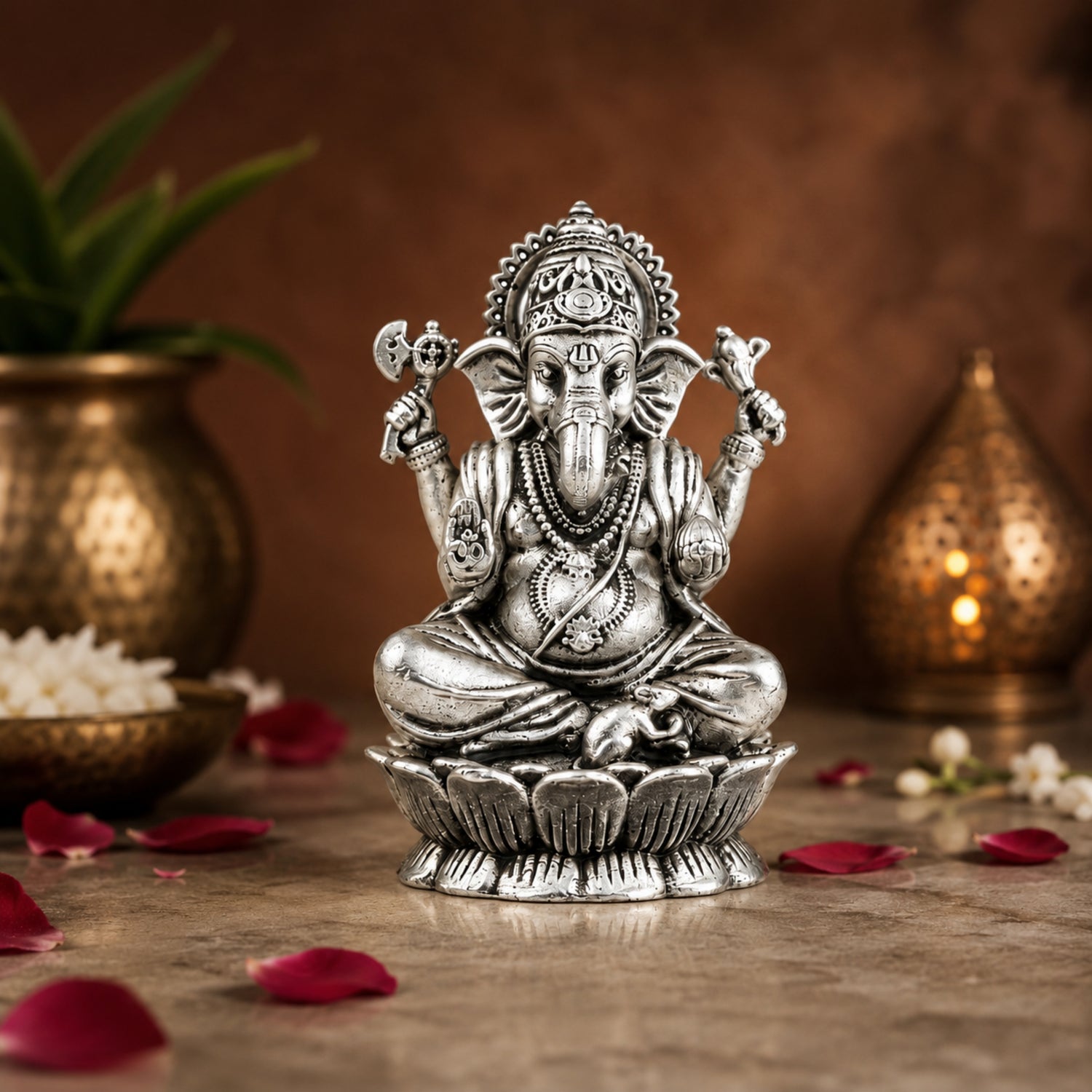 925 Pure Silver Antique Seated Ganesha on Lotus Idol