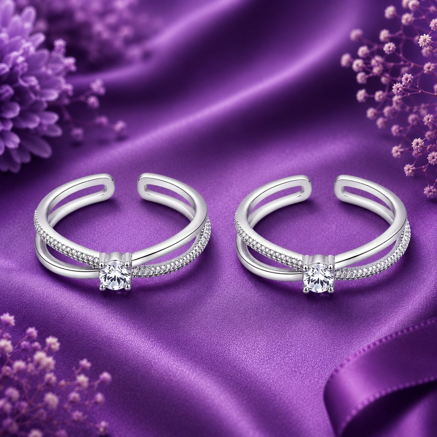 Stardust Solitaire Dual-Band Adjustable 925 Silver Toe Rings