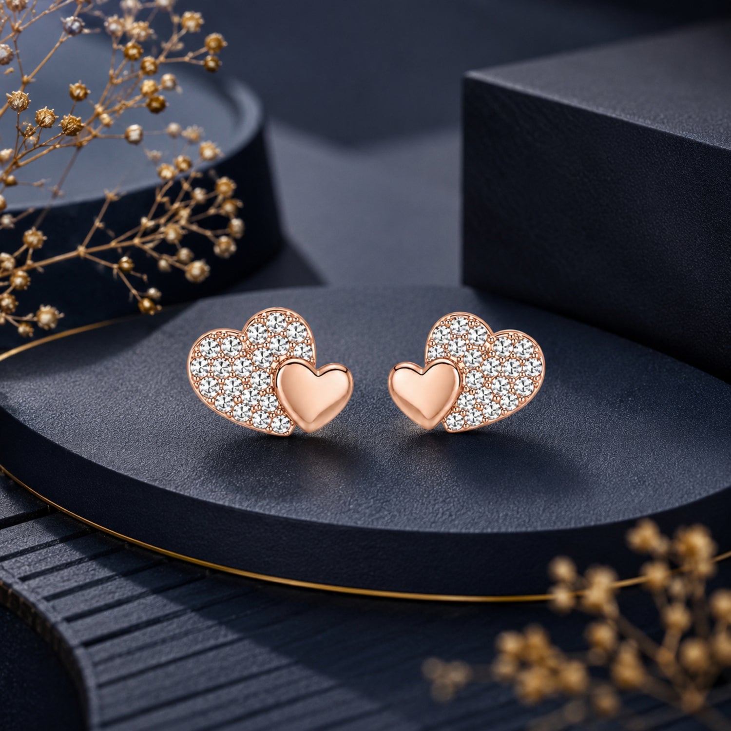Dual Sweetheart Pavé 925 Pure Sterling Silver Stud