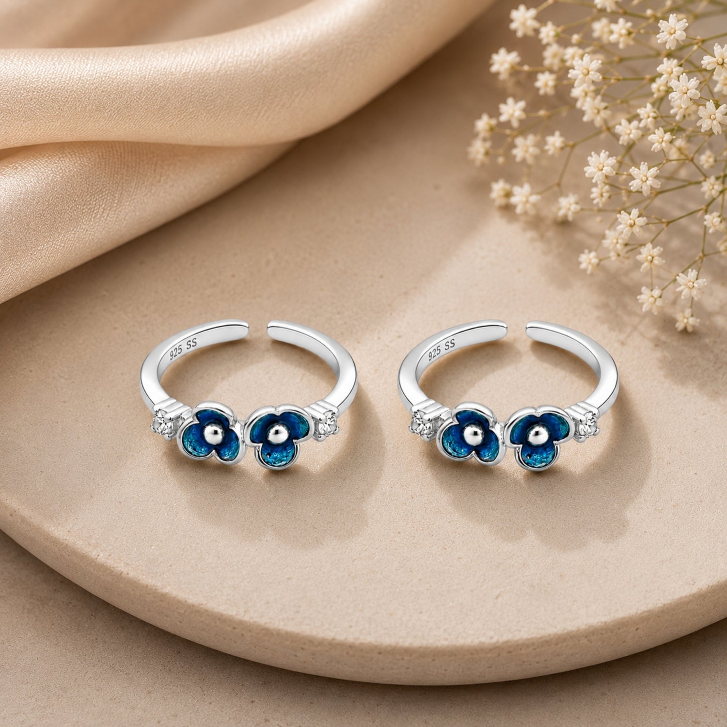Teal Forget-Me-Not Adjustable 925 Sterling Silver Toe Rings