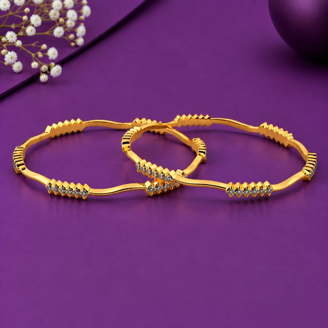 The Luminescent Wave Slender Stackable Bangles (Set of 2 in 925 Sterling Silver with Multi-Layered Gold Plating)