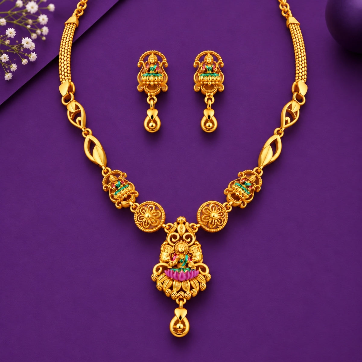 The Divine Lakshmi Lotus Garland 925 Silver Gold-Plated Necklace Set