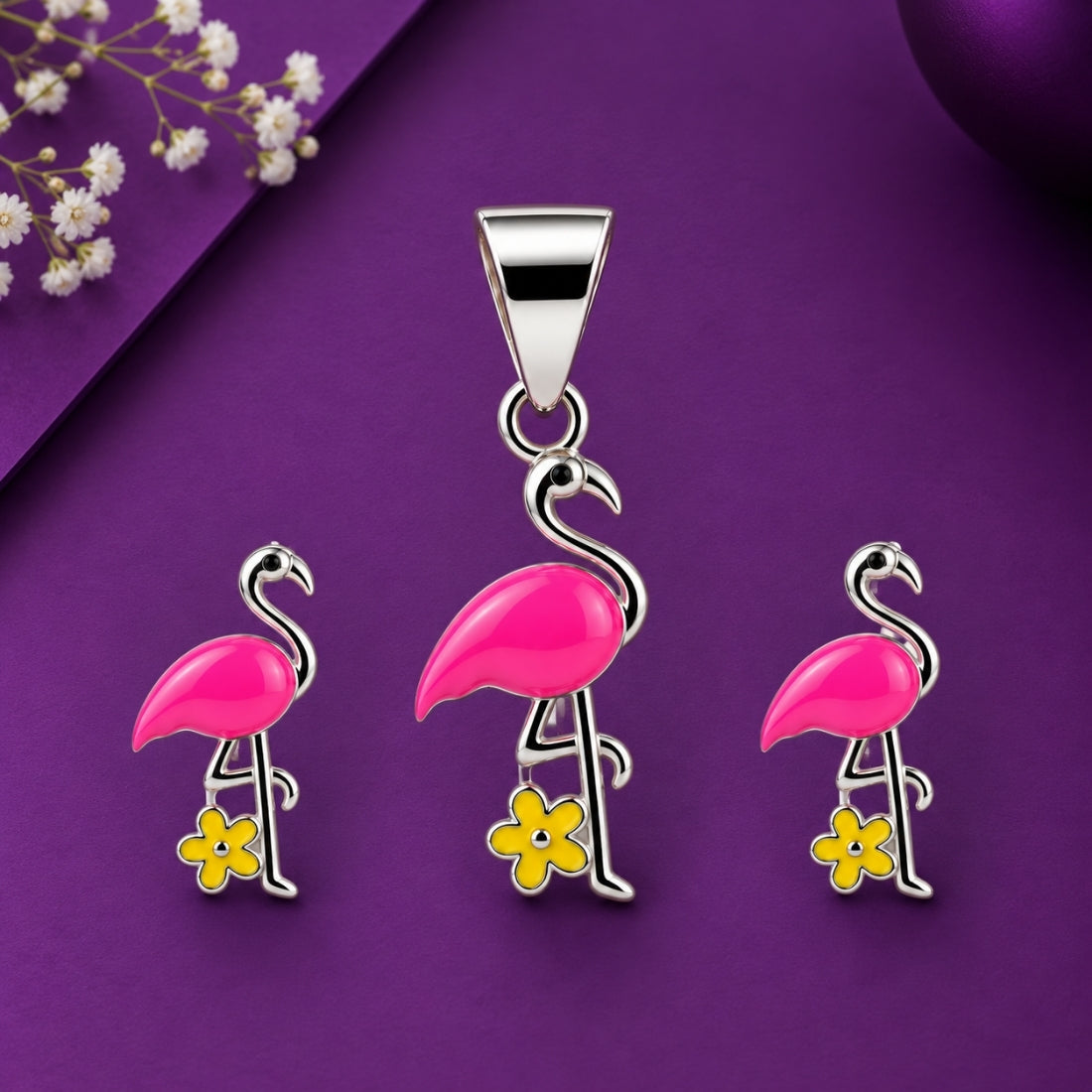 Fancy Flamingo 925 Sterling Silver Pink Enamel Pendant & Stud Earring Set for Kids