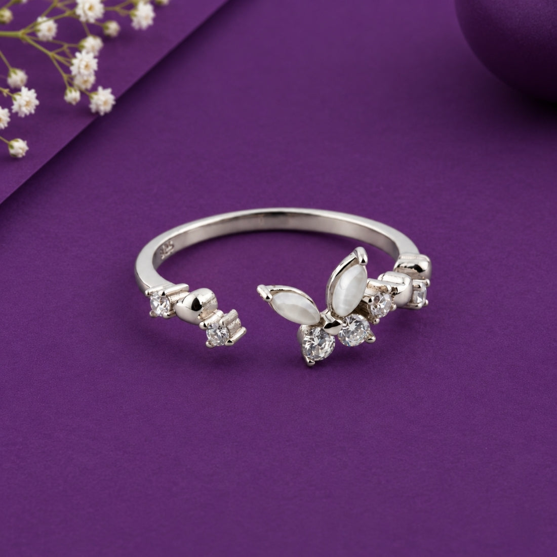 Glimmering Crystal Butterfly 925 Silver Ring