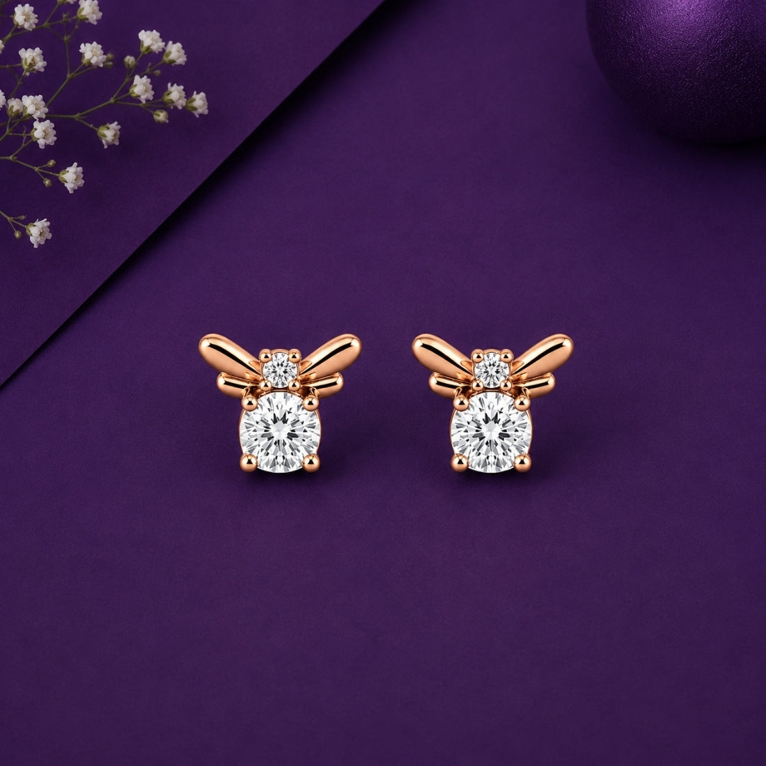 Rose Gold Honeybee Solitaire Stud Earrings