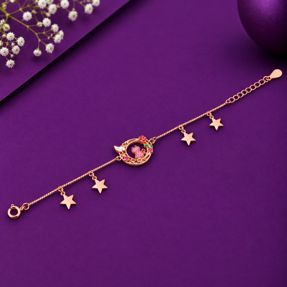 Celestial Kitty 925 Sterling Silver Rose Gold Crescent Moon & Stars Kids Bracelet