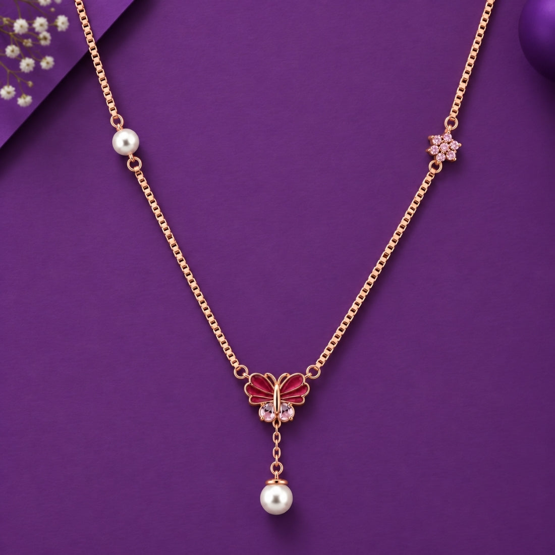 The Crimson Monarch Pearl Lariat Rose 925 Silver Chain