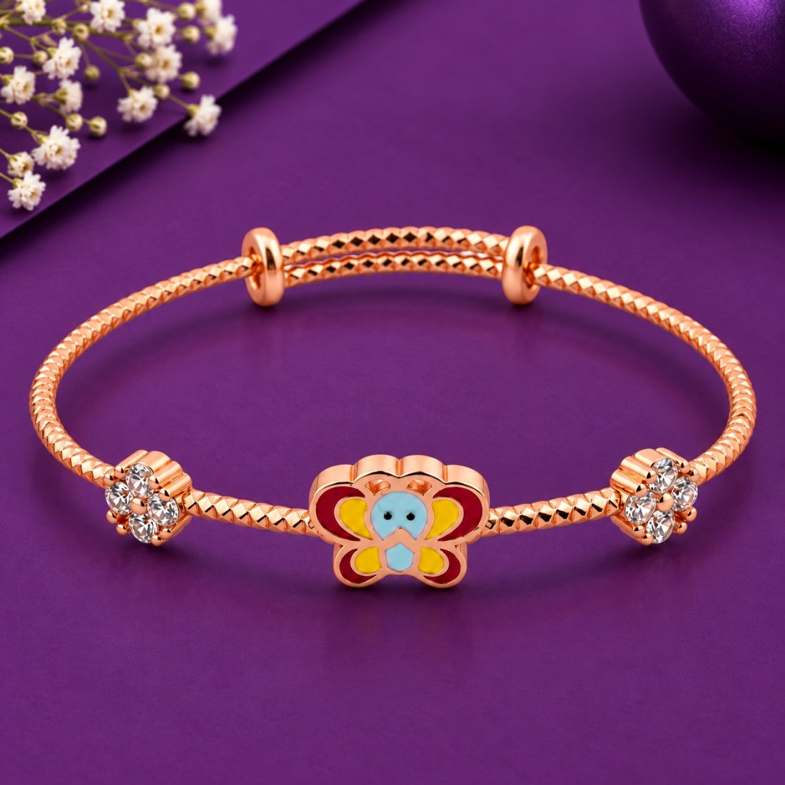 Fluttering Butterfly & Zircon Blossom 925 Sterling Silver Adjustable Kids Kadas (Rose Gold Finish)