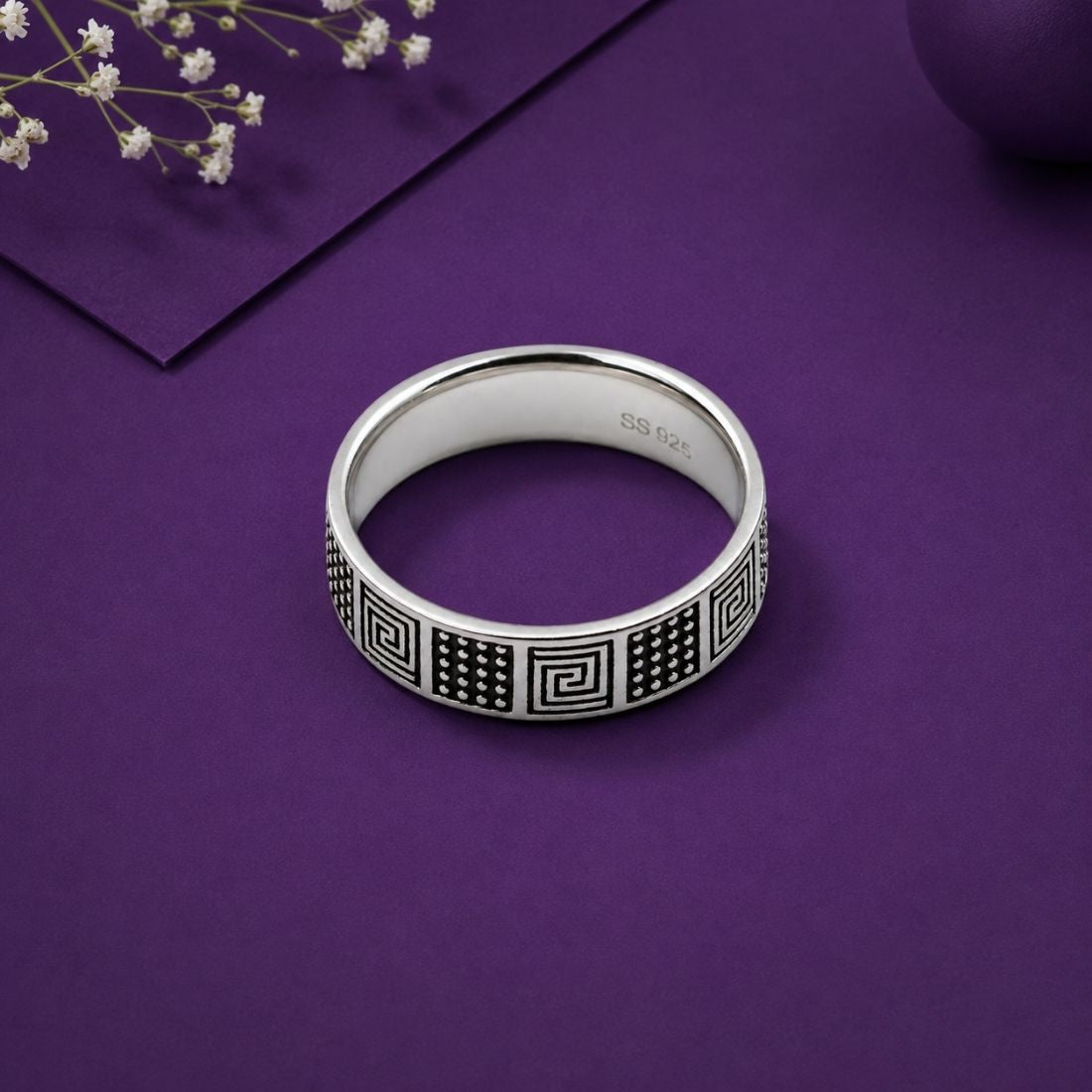 Silver Greek Key & Dotted Grid 925 Sterling Silver Band