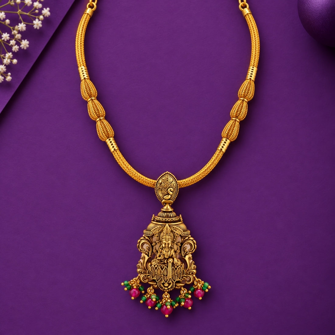 22K Gold Plated 925 Silver Smooth Pipe Lakshmi Temple Necklace
