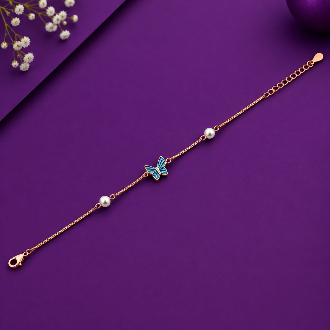 The Azure Monarch – 925 Rose Gold Blue Enamel Butterfly Bracelet