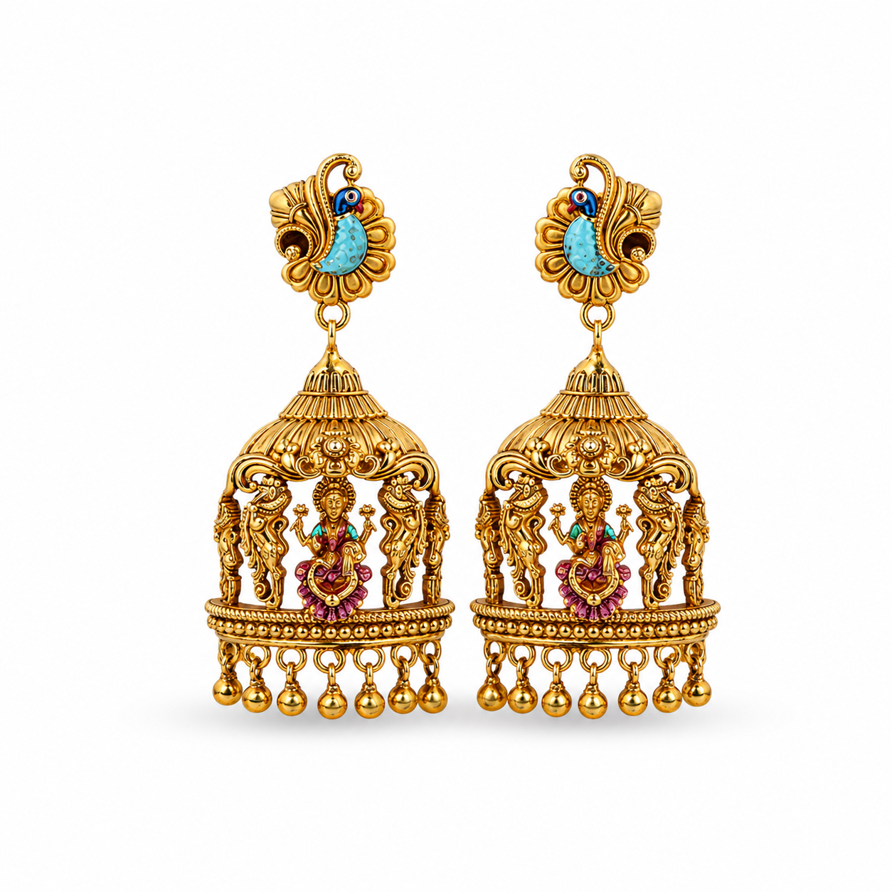 Divine Lakshmi Peacock Cage Gold-Plated 925 Silver Drops