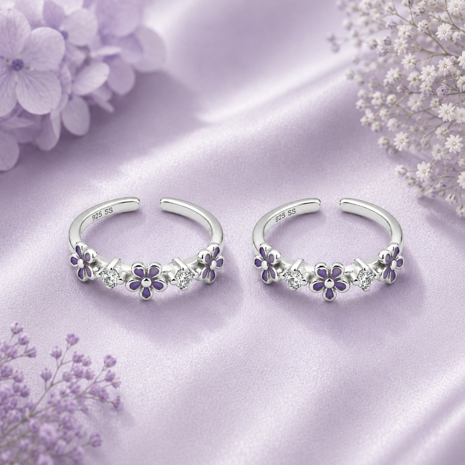 Violet Blossom Eternity Adjustable 925 Sterling Silver Toe Rings