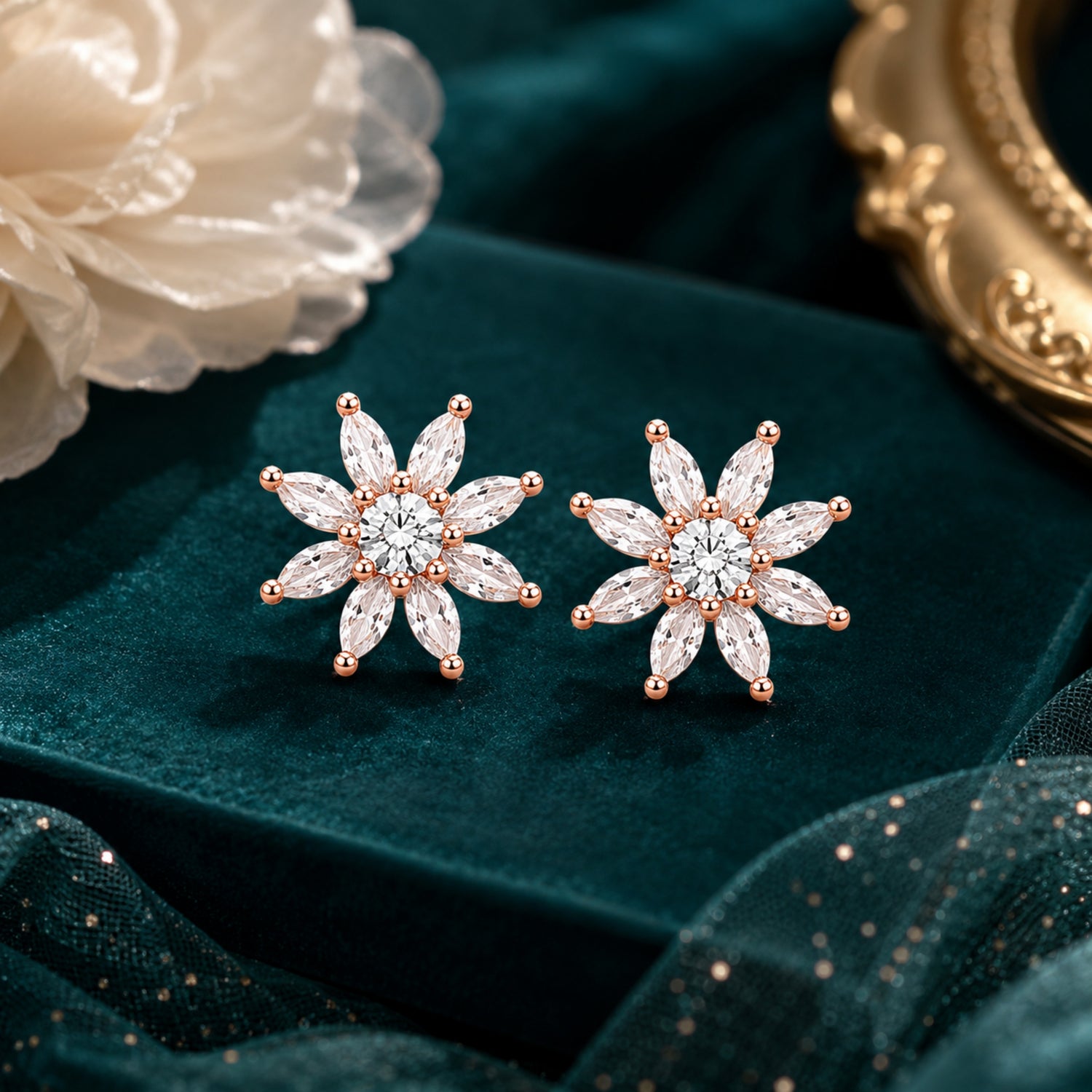 Marquise Sunflower Halo 925 Pure Sterling Silver Stud