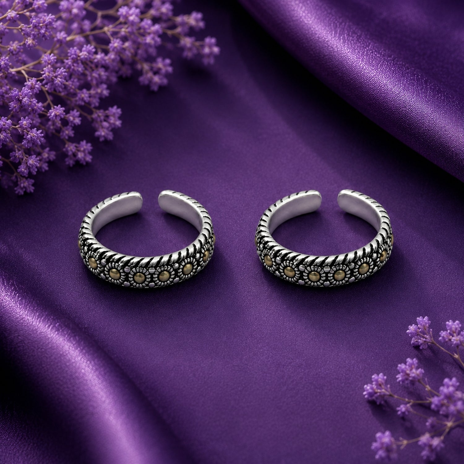 Vintage Sunburst Textured Oxidized 925 Silver Toe Rings