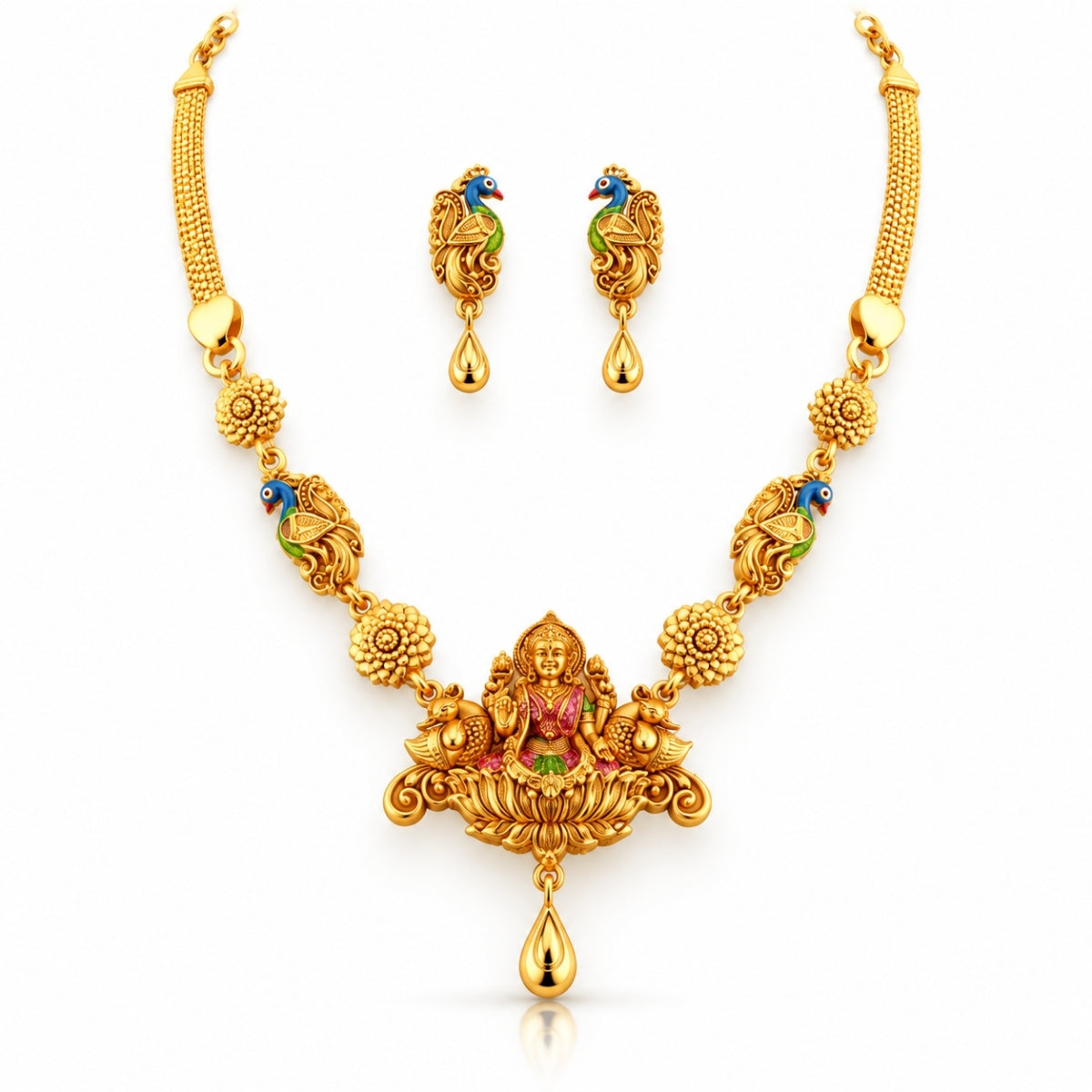 The Goddess Lakshmi Lotus Throne 925 Silver Gold-Plated Necklace Set