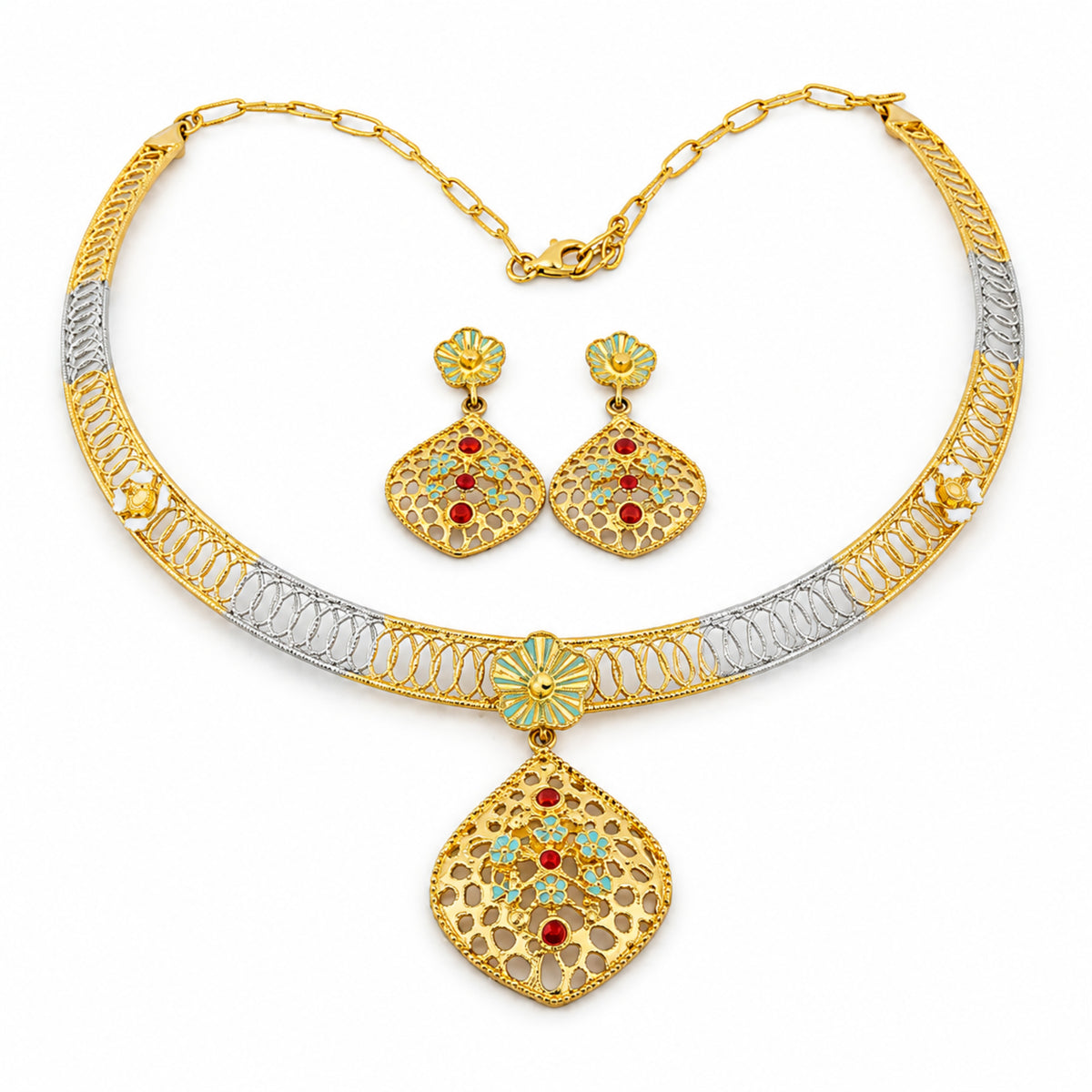Zeenat Heritage 925 Sterling Silver Tri-Tone Filigree Choker Set