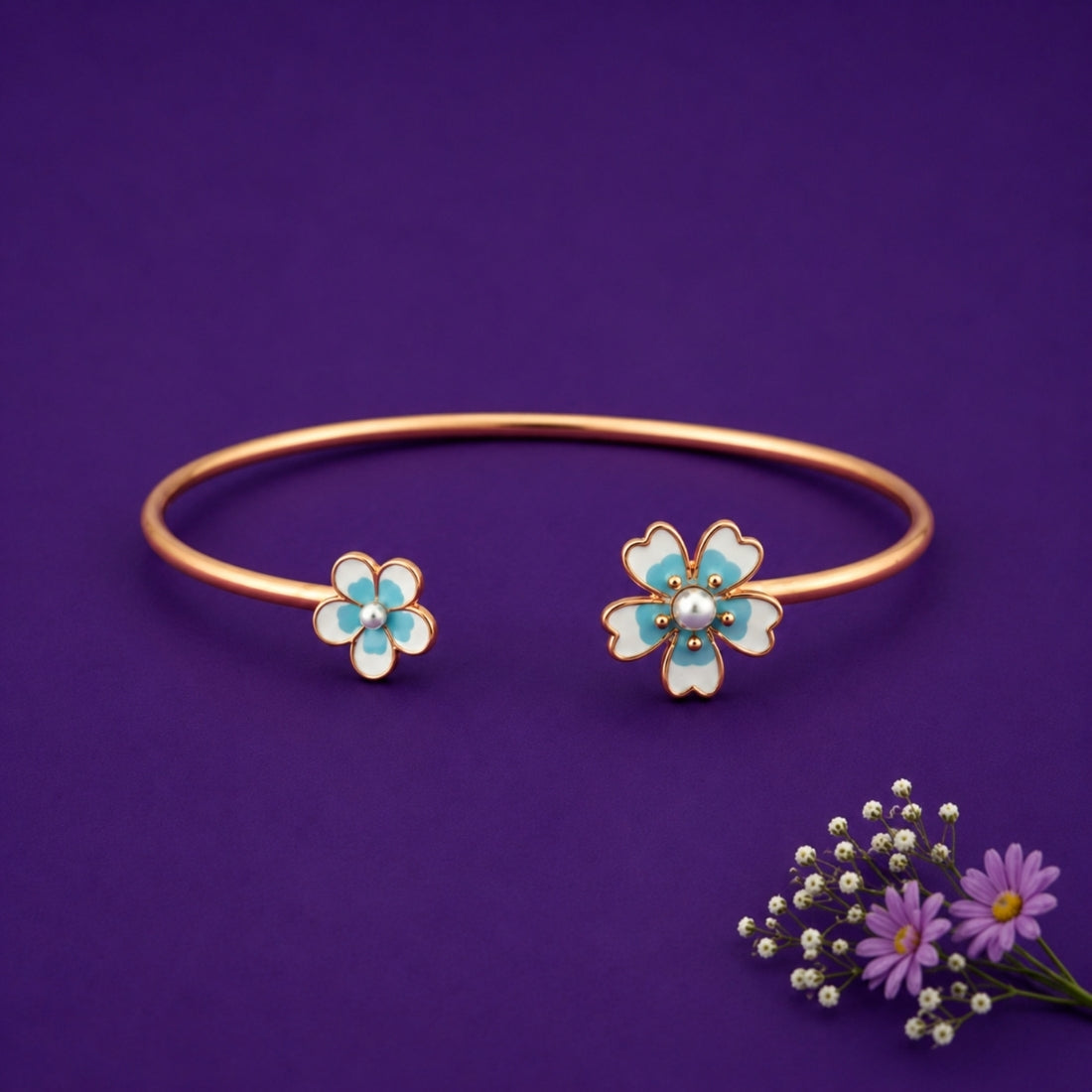 Rose Gold Pastel Blue Floral 925 Silver Kada