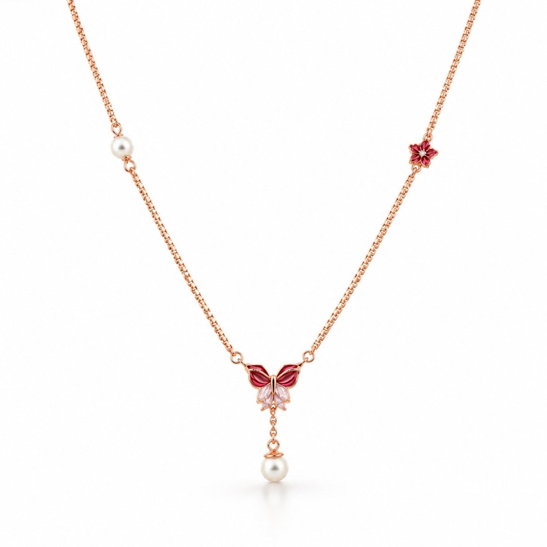 The Crimson Monarch Pearl Lariat Rose 925 Silver Chain