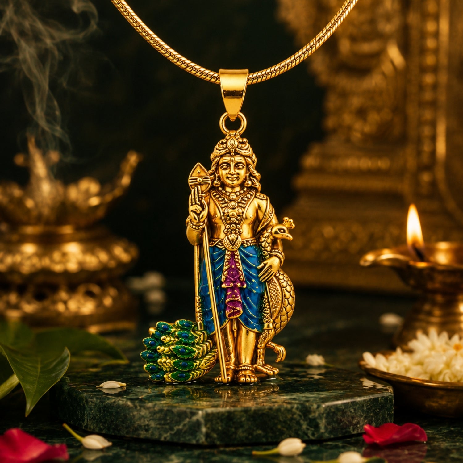 92.5 Pure Silver Gold Plated Lord Murugan With Peacock Pendant.