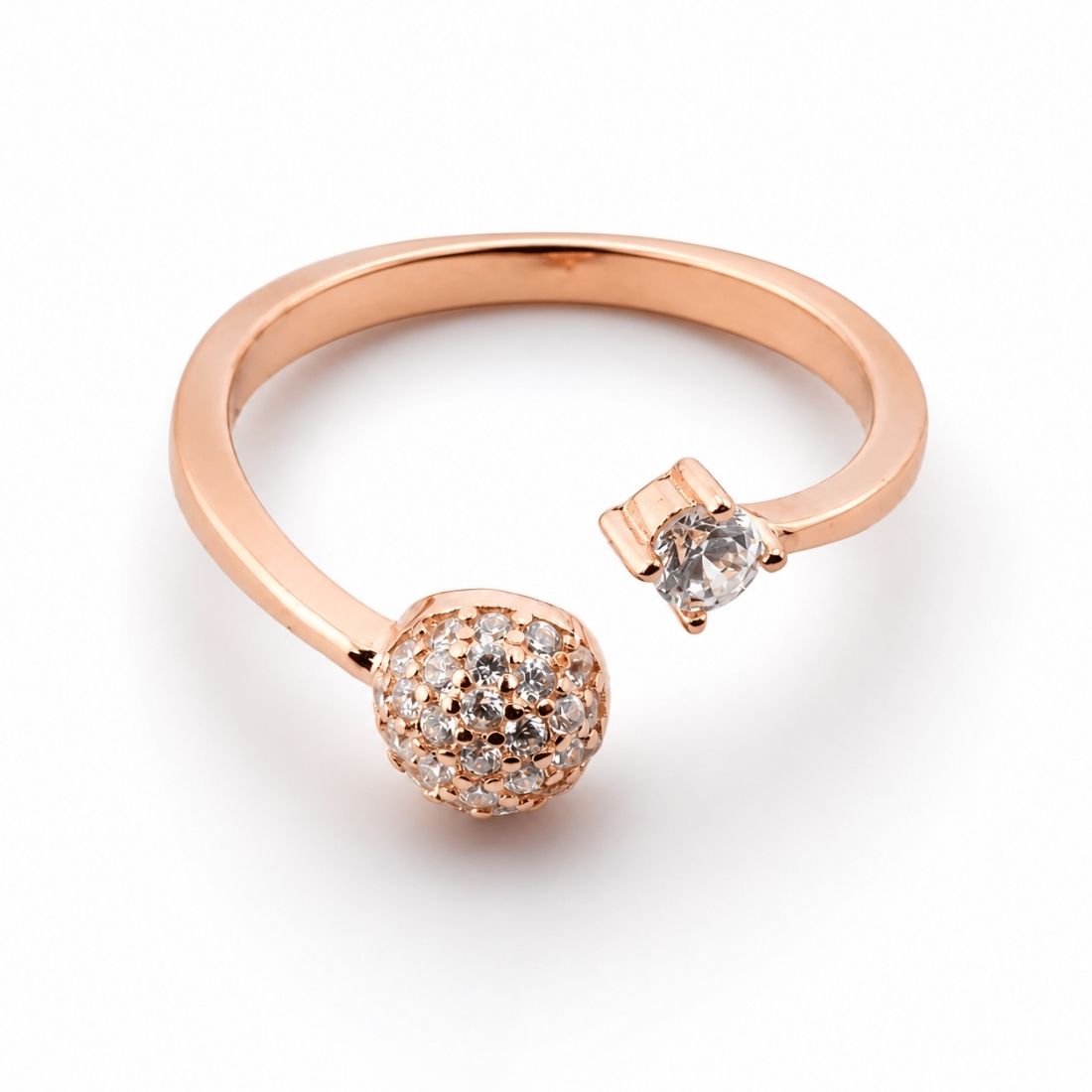 Rose Gold Plated Pave Sphere Open Cuff 925 Silver Ring