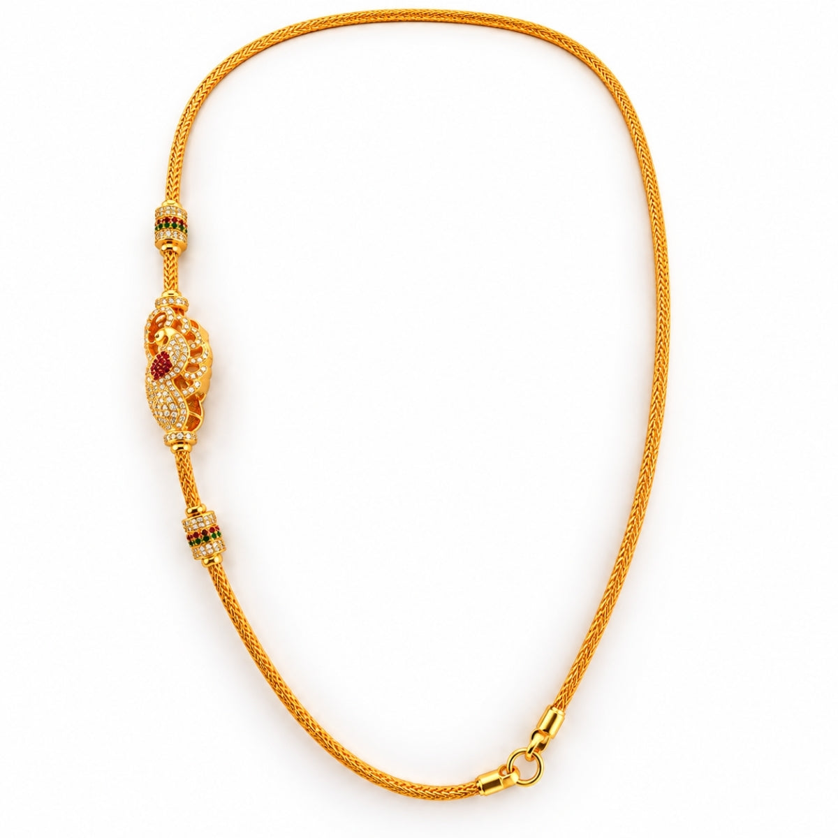 Royal Peacock Mango CZ & Ruby 925 Sterling Silver Gold Plated Thali Chain