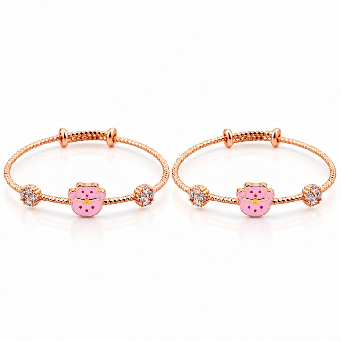 Lucky Fortune Bag & Zircon Blossom 925 Sterling Silver Adjustable Kids Kadas (Rose Gold Finish)