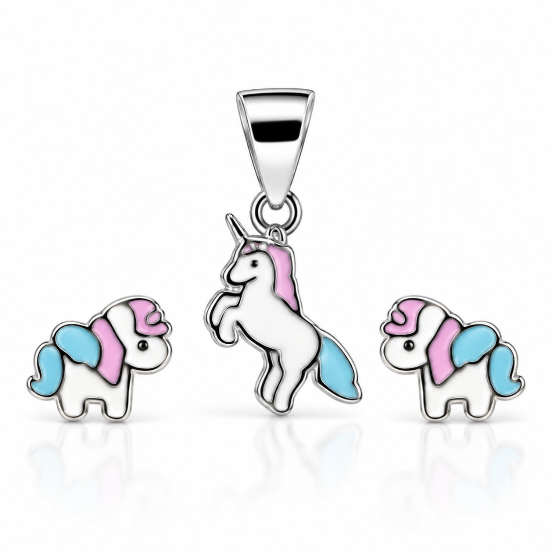 Magical Unicorn 925 Sterling Silver Pastel Enamel Pendant & Stud Earring Set for Kids