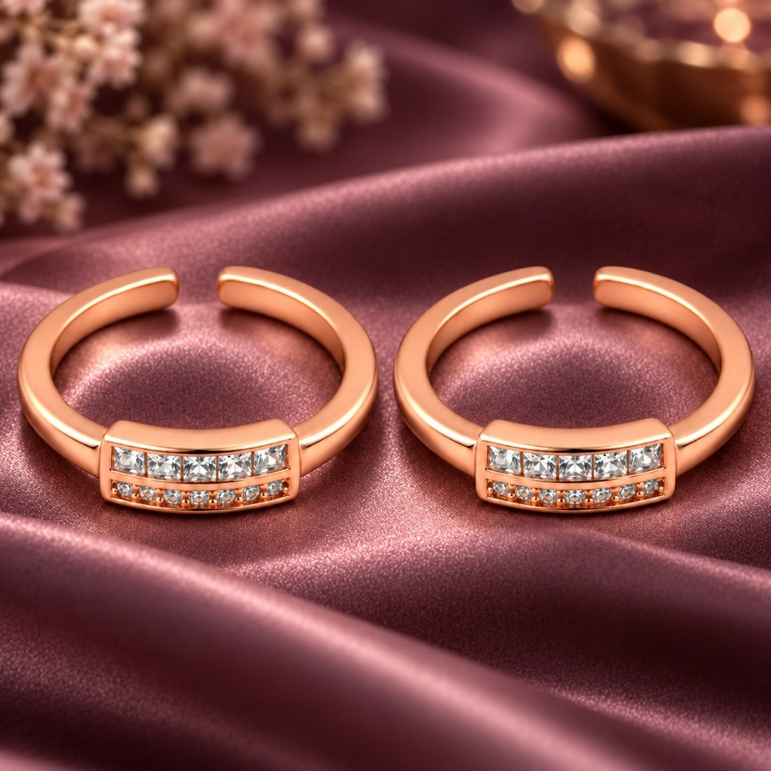 Classic Double-Row CZ Rose Gold-Plated 925 Sterling Silver Adjustable Toe Rings (Pair)