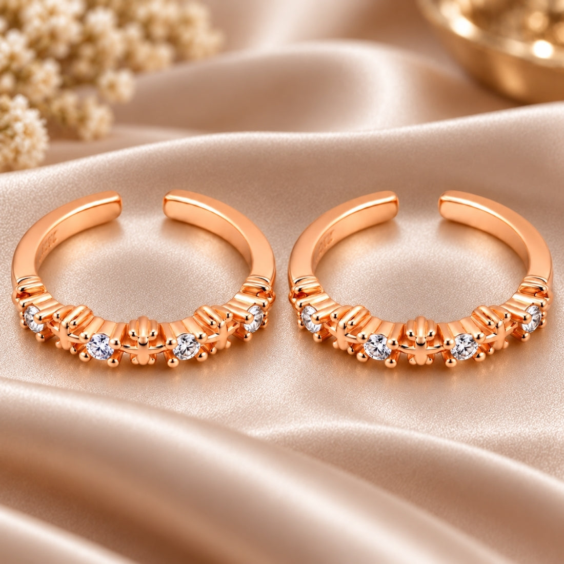 Classic Dual-Row Bar 925 Sterling Silver Rose Gold Plated Adjustable Toe Rings (Pair)