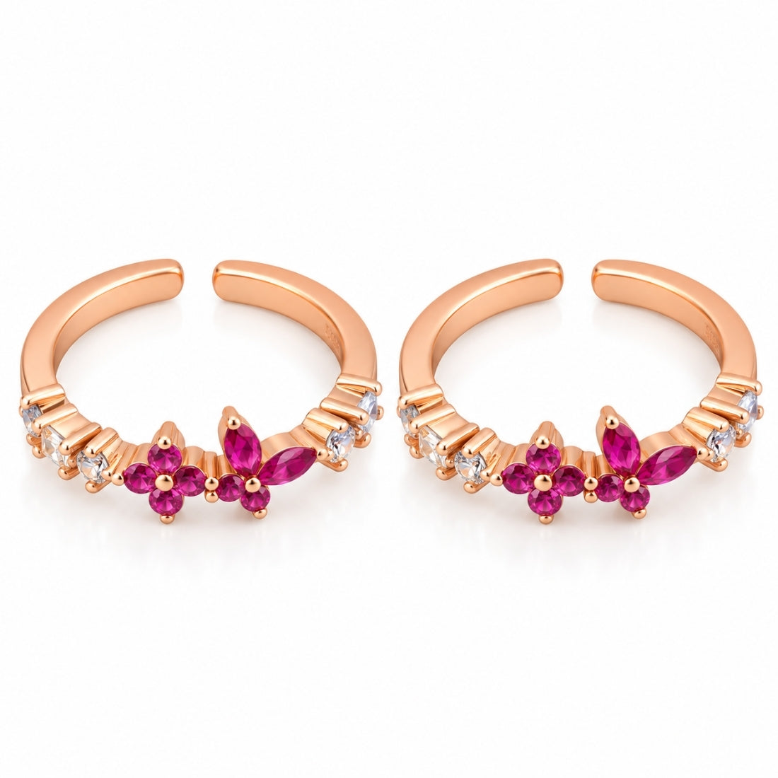 Blushing Ruby Butterfly 925 Sterling Silver Rose Gold Plated Adjustable Toe Rings (Pair)