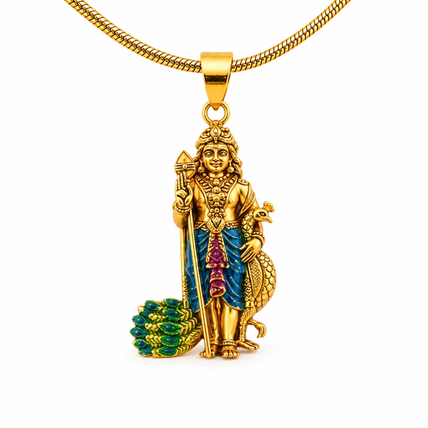 92.5 Pure Silver Gold Plated Lord Murugan With Peacock Pendant.