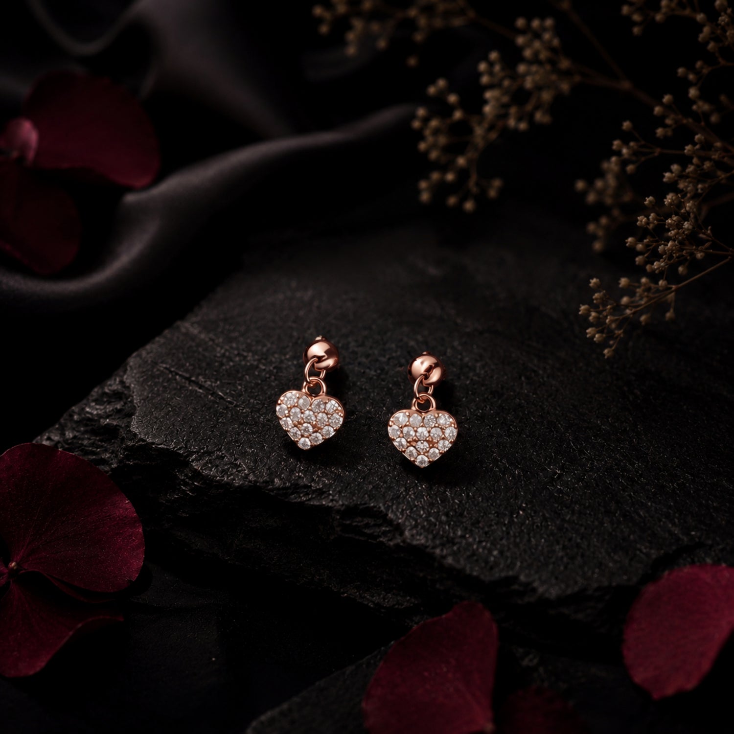 Dangling Pavé Heart 925 Pure Sterling Silver Drop Earrings