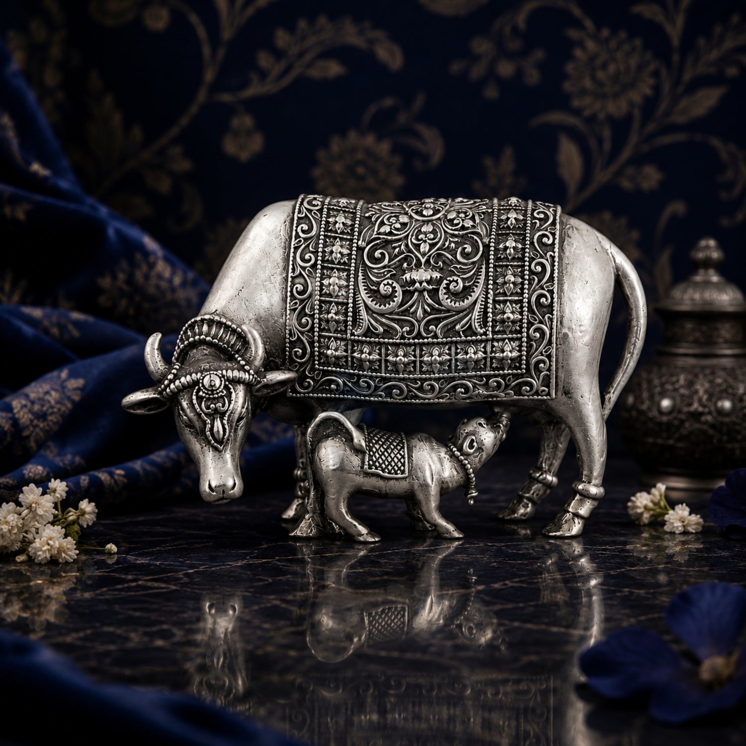 925 Pure Silver Antique Kamadhenu Cow and Calf Idol