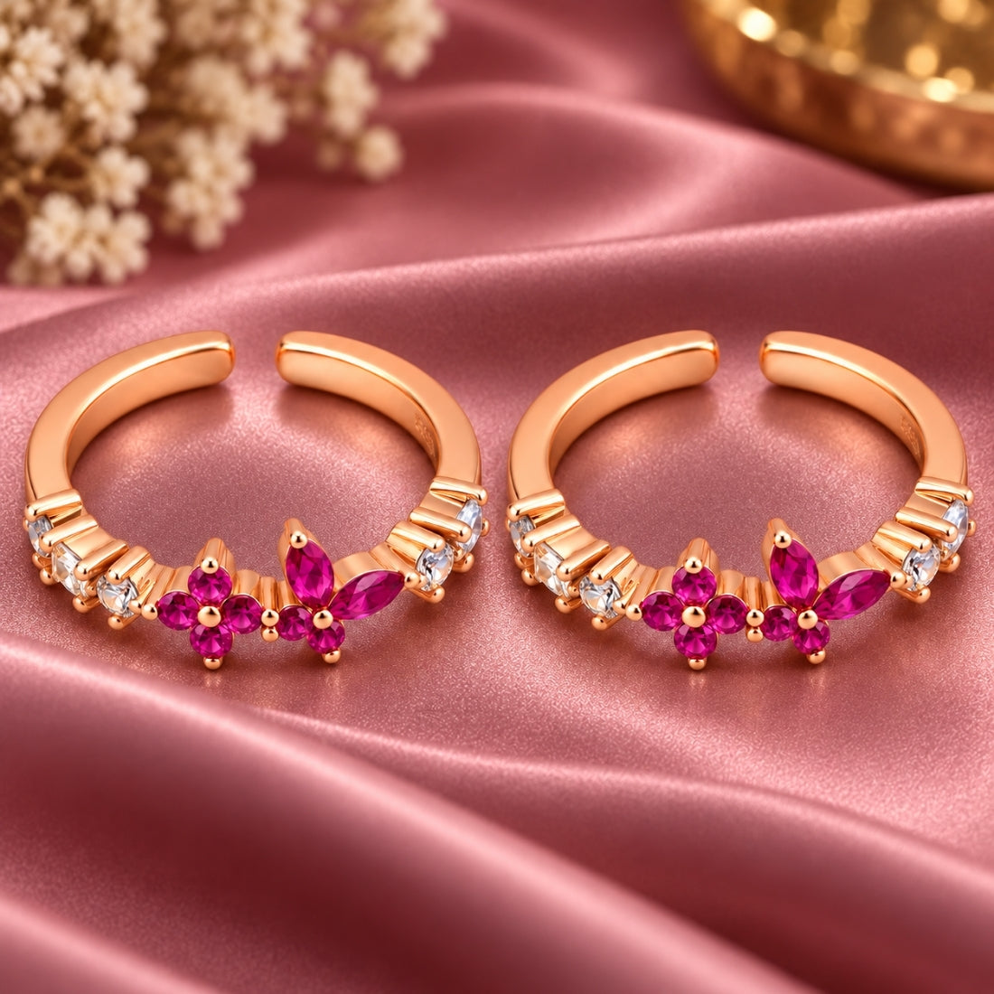 Blushing Ruby Butterfly 925 Sterling Silver Rose Gold Plated Adjustable Toe Rings (Pair)