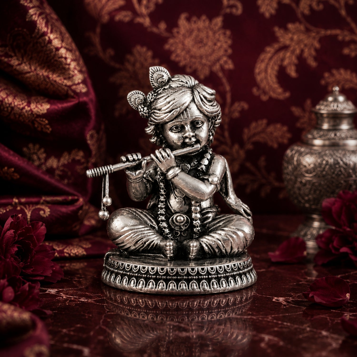 925 Pure Silver Antique Seated Bal Krishna Flute Idol