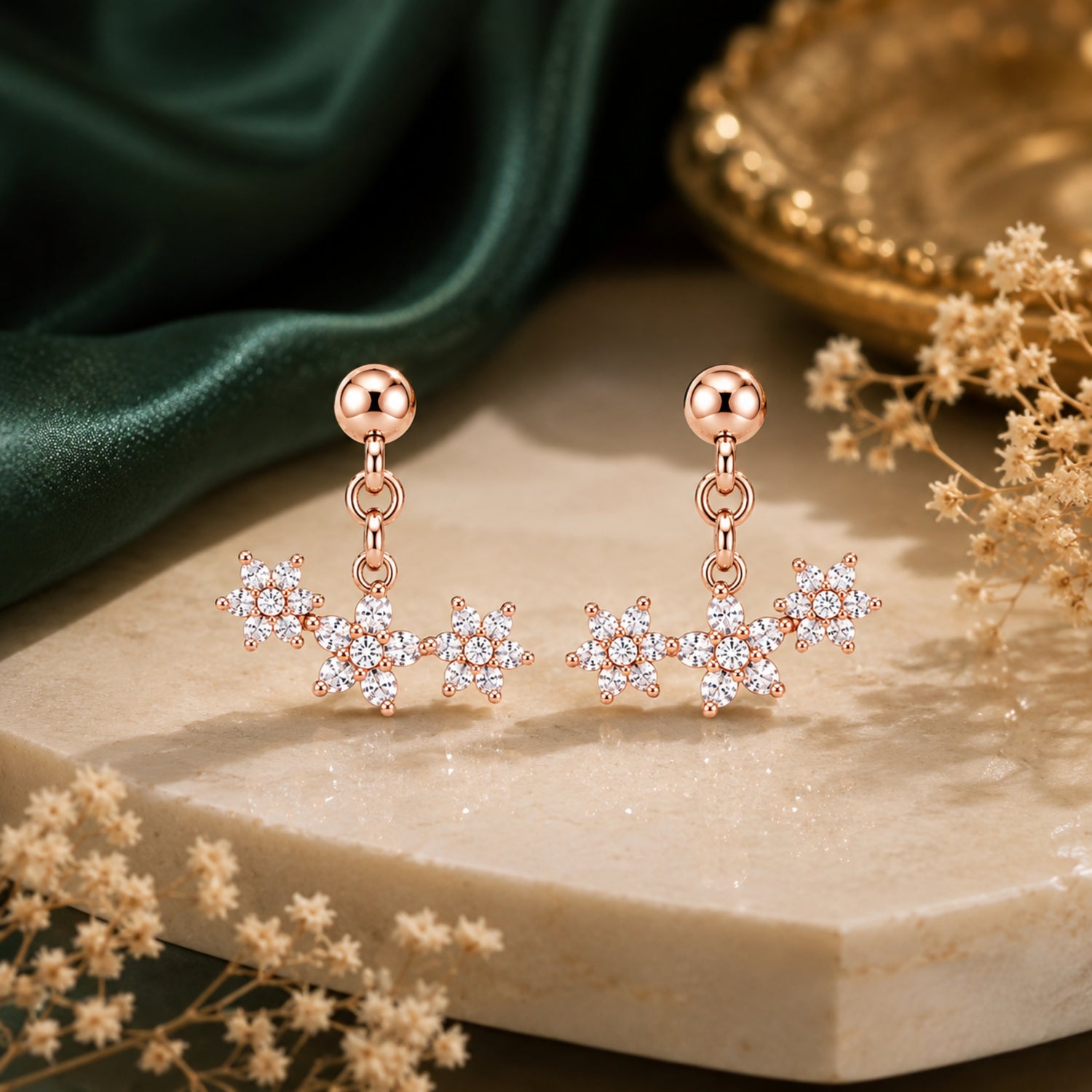 Triple Blossom Trio 925 Pure Sterling Silver Drop Earrings