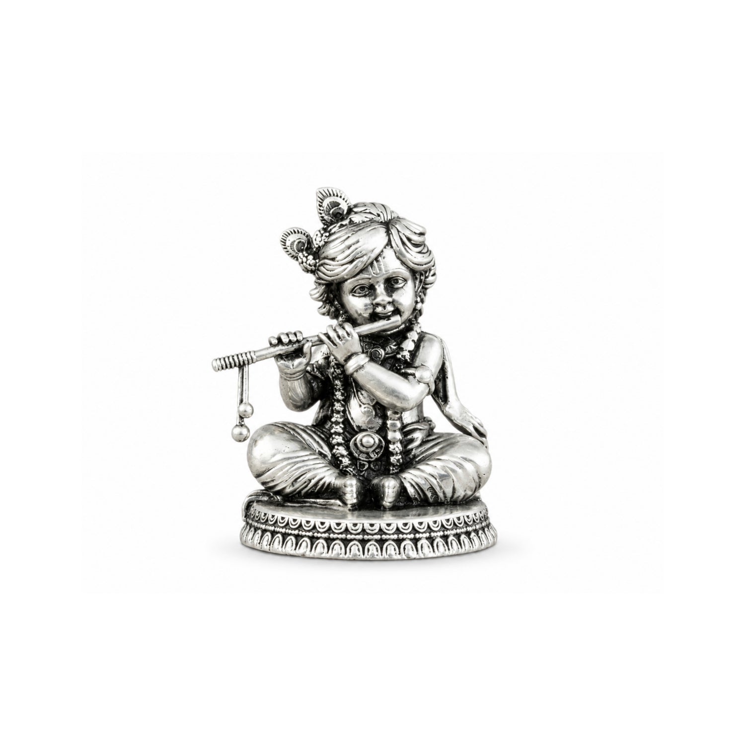 925 Pure Silver Antique Seated Bal Krishna Flute Idol