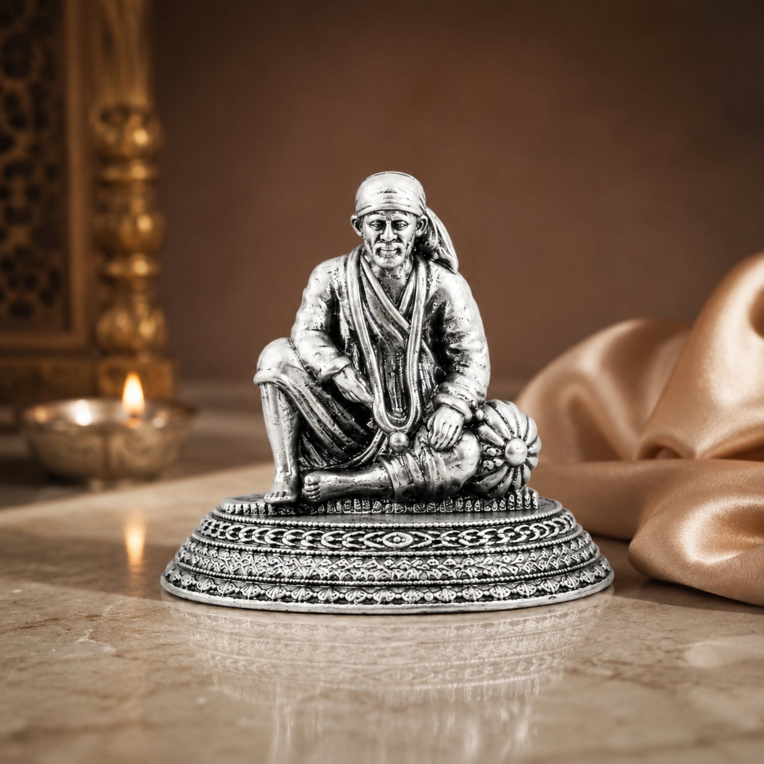 925 Pure Silver Antique Seated Shirdi Sai Baba Idol with Pillow