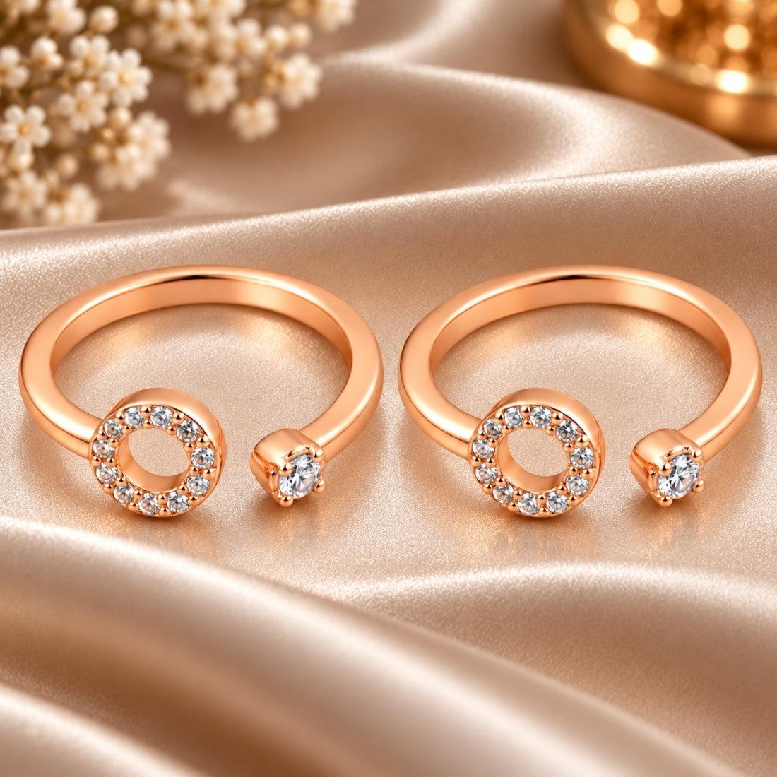 Minimalist Halo & Solitaire 925 Sterling Silver Rose Gold Plated Adjustable Toe Rings (Pair)