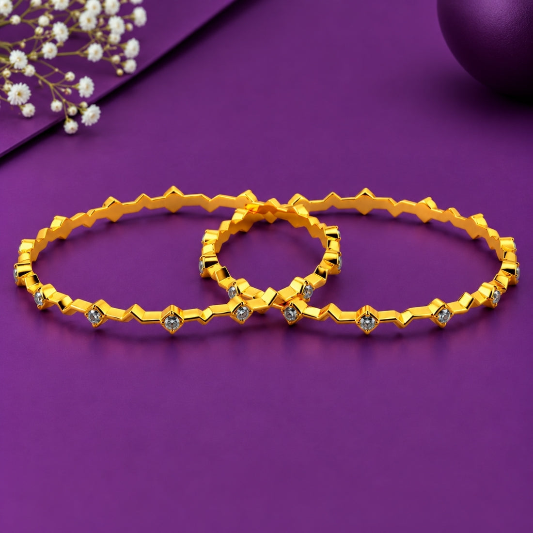 The Chevron Prism Diamond-Shaped Stackable Bangles (Set of 2 in 925 Sterling Silver with Rich 24K Gold Polish)