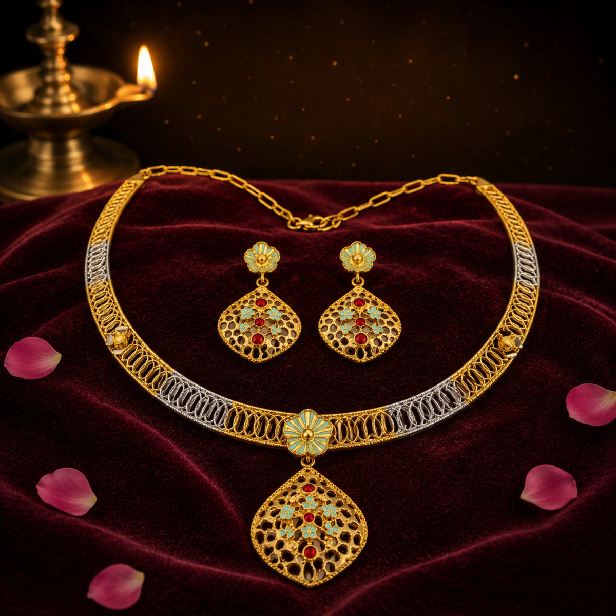 Zeenat Heritage 925 Sterling Silver Tri-Tone Filigree Choker Set