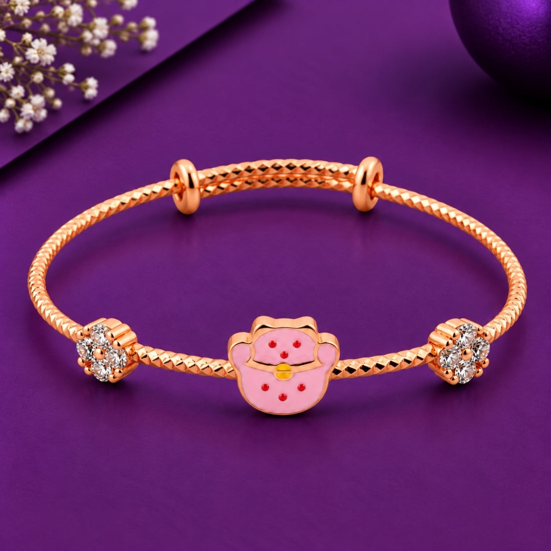 Lucky Fortune Bag & Zircon Blossom 925 Sterling Silver Adjustable Kids Kadas (Rose Gold Finish)